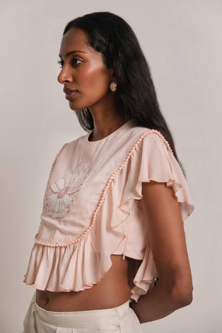 Shimona Peach Cotton, Silk Embroidery Round Neck Mother Of Pearl Frill Top at Aza Fashions Shimona_Peach Cotton, Silk Embroidery Round Neck Mother Of Pearl Frill Top _at_Aza_Fashions