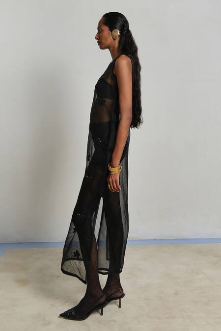 Shop_Shimona_Black Silk Organza Applique Round Neck Star Fish Dress _Online_at_Aza_Fashions