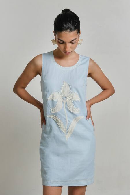 Shimona_Blue Linen Embroidery Round Neck Azure Mini Dress _Online_at_Aza_Fashions