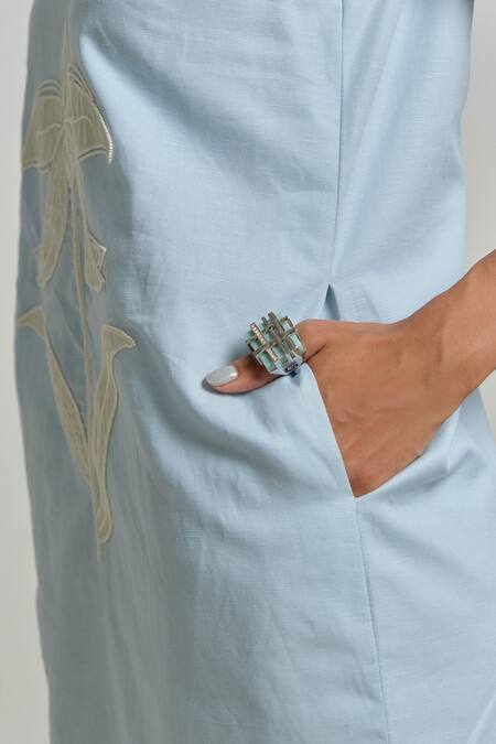 Buy_Shimona_Blue Linen Embroidery Round Neck Azure Mini Dress _Online_at_Aza_Fashions