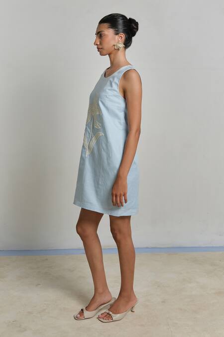 Shop_Shimona_Blue Linen Embroidery Round Neck Azure Mini Dress _Online_at_Aza_Fashions