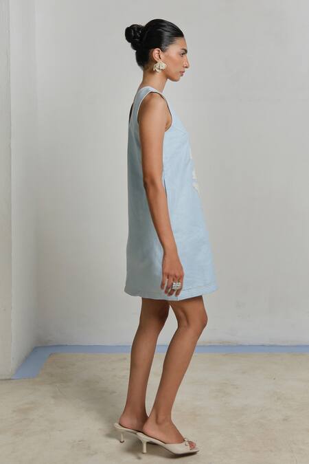 Shimona_Blue Linen Embroidery Round Neck Azure Mini Dress _at_Aza_Fashions
