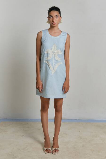 Buy_Shimona_Blue Linen Embroidery Round Neck Azure Mini Dress 