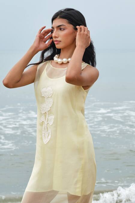 Shimona Yellow Silk Organza Embroidery Round Neck Dress Online at Aza Fashions Shimona_Yellow Silk Organza Embroidery Round Neck Dress _Online_at_Aza_Fashions