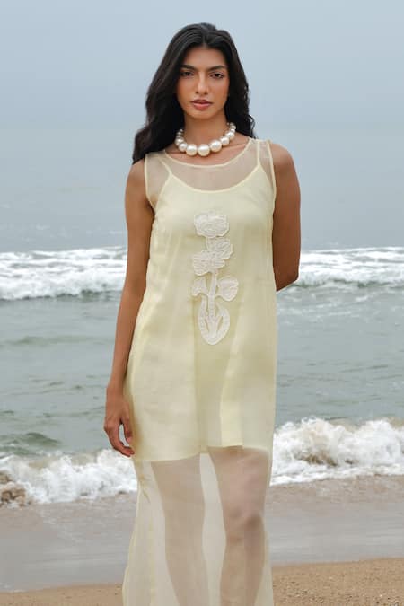 Shimona Yellow Silk Organza Embroidery Round Neck Dress at Aza Fashions Shimona_Yellow Silk Organza Embroidery Round Neck Dress _at_Aza_Fashions
