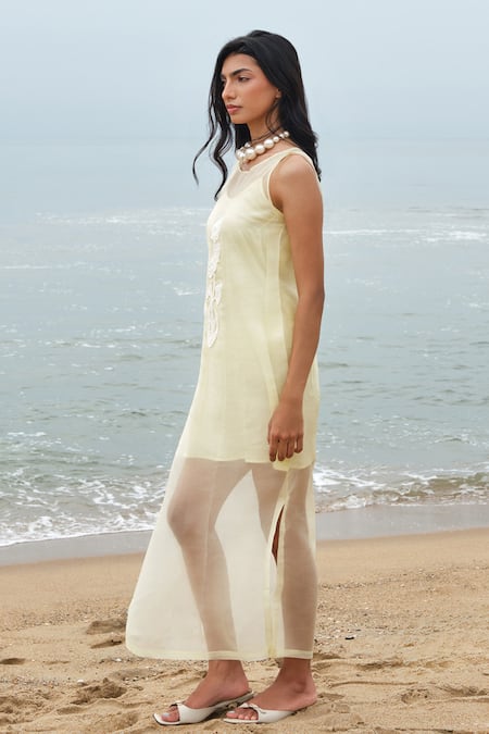 Buy Shimona Yellow Silk Organza Embroidery Round Neck Dress Buy_Shimona_Yellow Silk Organza Embroidery Round Neck Dress