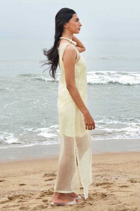 Shop Shimona Yellow Silk Organza Embroidery Round Neck Dress Shop_Shimona_Yellow Silk Organza Embroidery Round Neck Dress