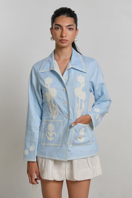 Shimona Blue Linen Embroidery Collared Azure Sea Folk Shirt