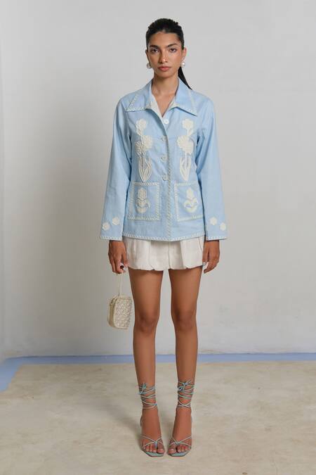 Shimona_Blue Linen Embroidery Collared Azure Sea Folk Shirt _Online_at_Aza_Fashions