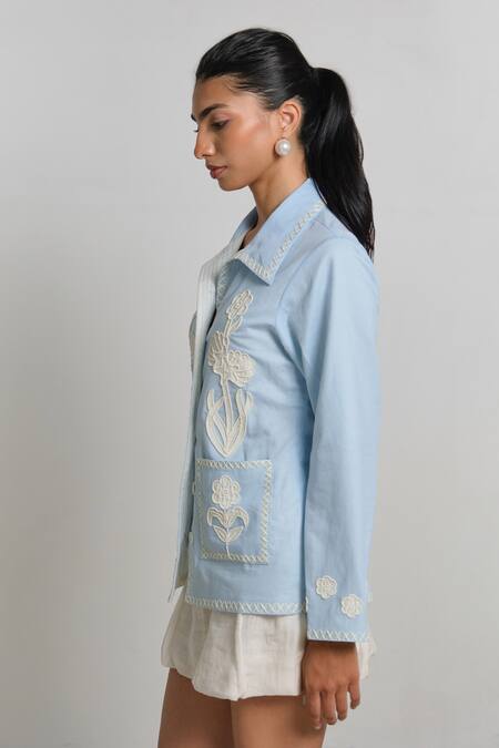 Buy_Shimona_Blue Linen Embroidery Collared Azure Sea Folk Shirt _Online_at_Aza_Fashions
