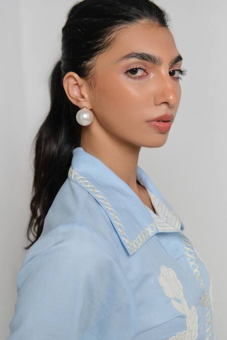 Shop_Shimona_Blue Linen Embroidery Collared Azure Sea Folk Shirt _Online_at_Aza_Fashions