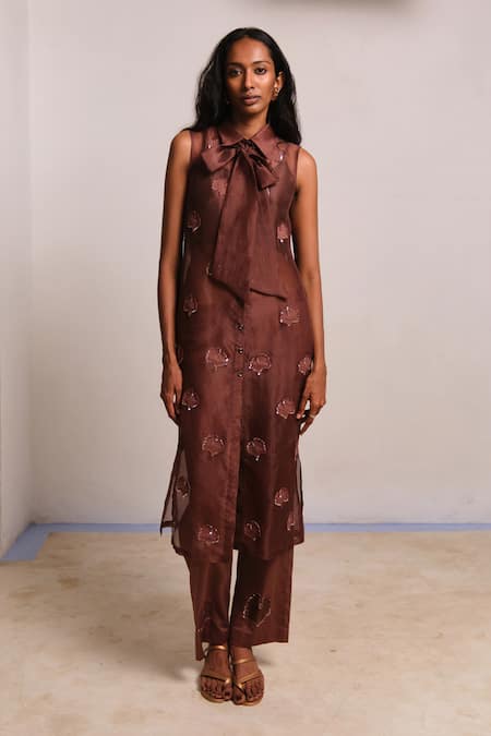 Shimona_Brown Silk Organza Embroidery Collared Co-ord Set _Online_at_Aza_Fashions
