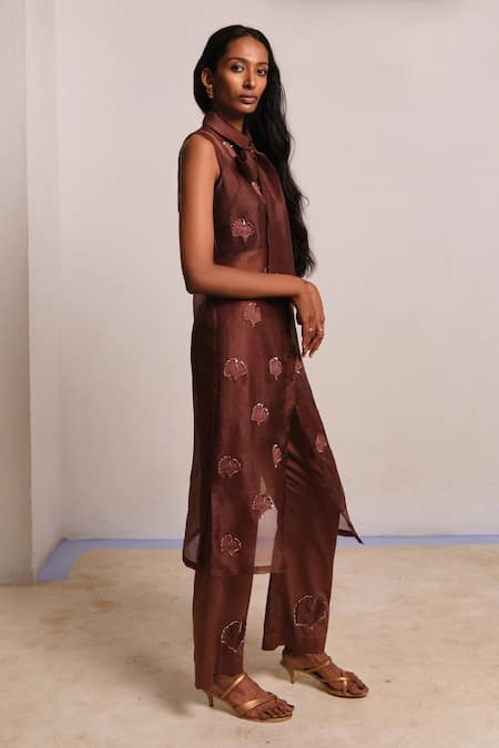 Buy_Shimona_Brown Silk Organza Embroidery Collared Co-ord Set _Online_at_Aza_Fashions