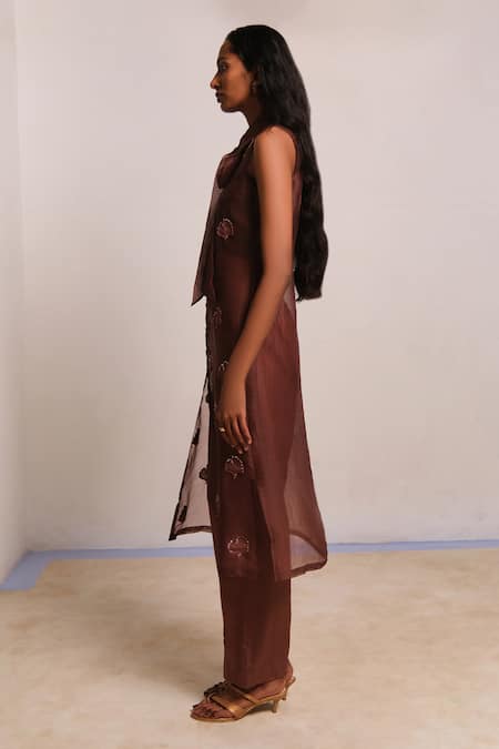 Shop_Shimona_Brown Silk Organza Embroidery Collared Co-ord Set _Online_at_Aza_Fashions