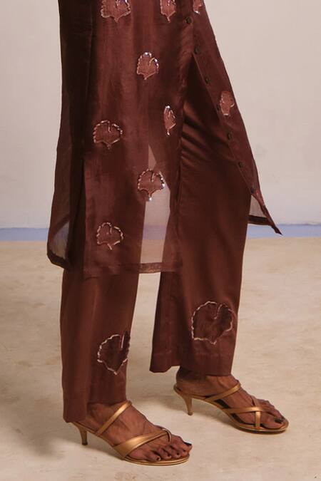 Shimona_Brown Silk Organza Embroidery Collared Co-ord Set _at_Aza_Fashions