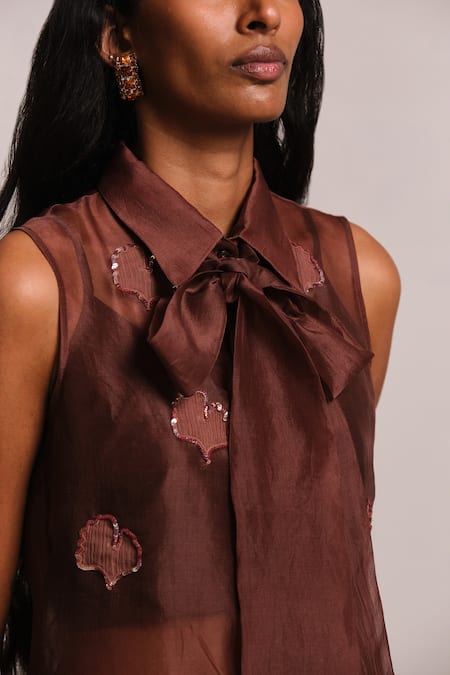 Buy_Shimona_Brown Silk Organza Embroidery Collared Co-ord Set 