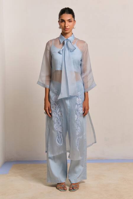 Shimona_Blue Silk Organza, Cotton Embroidery Collared Azure Designer Kurta Pant Set _Online_at_Aza_Fashions