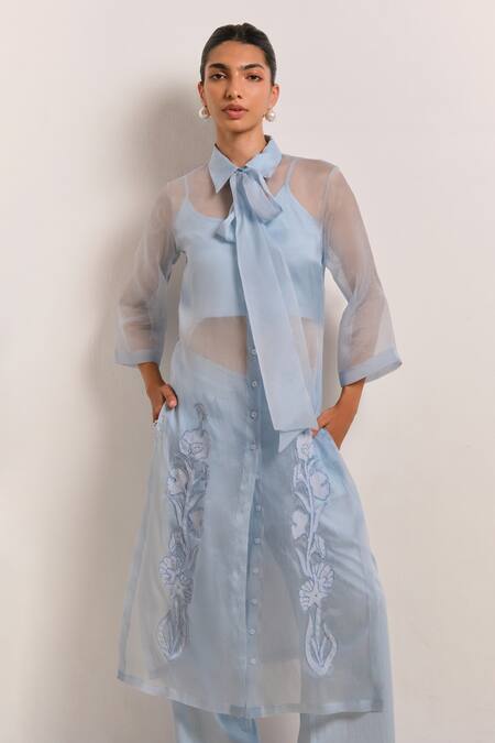 Buy_Shimona_Blue Silk Organza, Cotton Embroidery Collared Azure Designer Kurta Pant Set _Online_at_Aza_Fashions