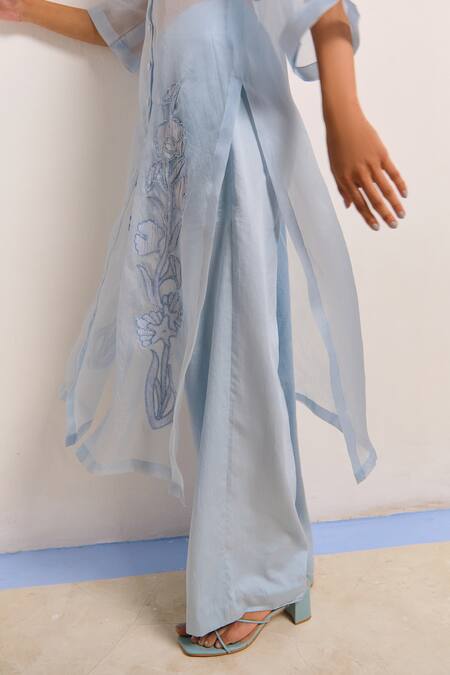 Shop_Shimona_Blue Silk Organza, Cotton Embroidery Collared Azure Designer Kurta Pant Set _Online_at_Aza_Fashions