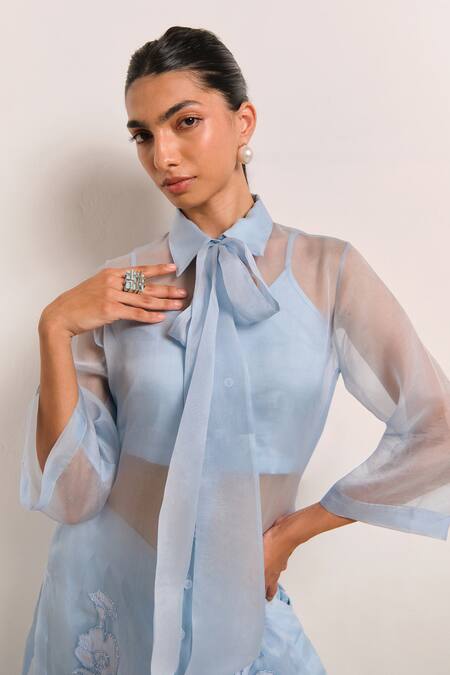 Shimona_Blue Silk Organza, Cotton Embroidery Collared Azure Designer Kurta Pant Set _at_Aza_Fashions