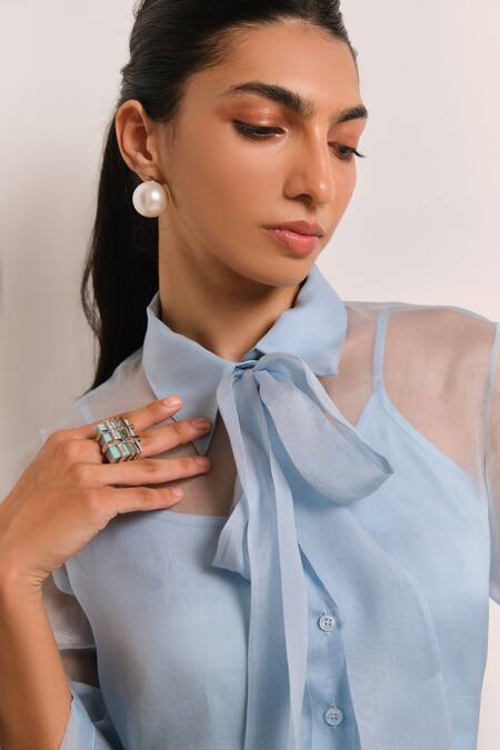 Buy_Shimona_Blue Silk Organza, Cotton Embroidery Collared Azure Designer Kurta Pant Set 