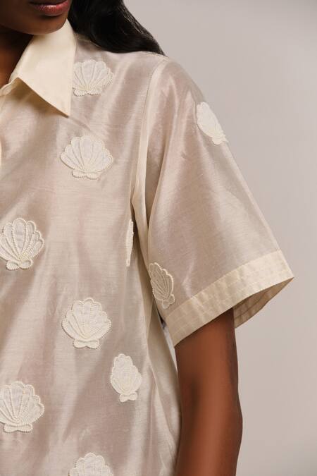 Shop_Shimona_Off White Chanderi Silk Embroidery Collared Sea Shell Shirt _Online_at_Aza_Fashions