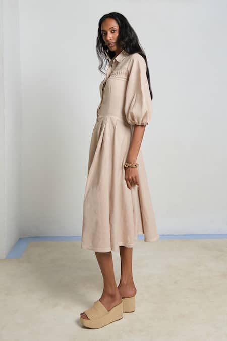Shimona_Beige Linen Collared Sand Theatre Dress _Online_at_Aza_Fashions