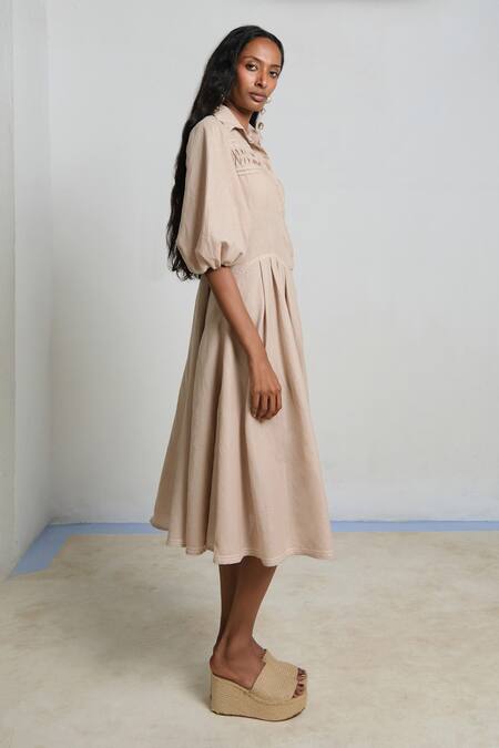 Buy_Shimona_Beige Linen Collared Sand Theatre Dress _Online_at_Aza_Fashions
