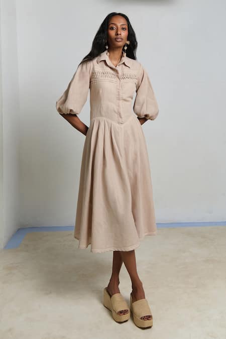 Shimona Beige Linen Collared Sand Theatre Dress