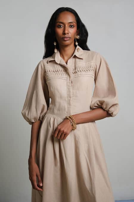 Shop_Shimona_Beige Linen Collared Sand Theatre Dress _Online_at_Aza_Fashions