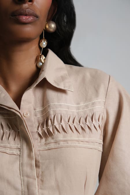 Buy_Shimona_Beige Linen Collared Sand Theatre Dress 