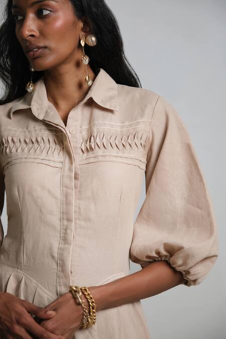 Shop_Shimona_Beige Linen Collared Sand Theatre Dress 