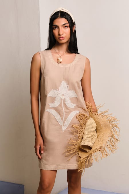 Buy_Shimona_Beige Linen Embroidery Round Neck Sand Mini Dress _Online_at_Aza_Fashions
