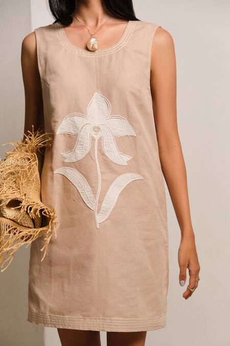 Shop_Shimona_Beige Linen Embroidery Round Neck Sand Mini Dress _Online_at_Aza_Fashions