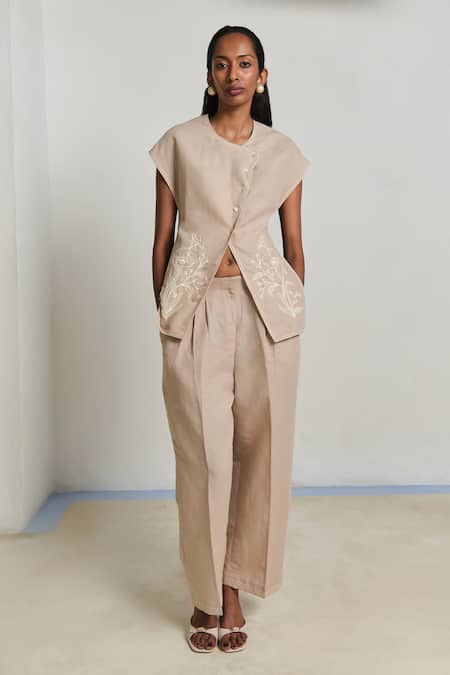 Shimona Beige Linen Embroidery Round Neck Top And Pant Set