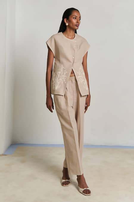 Shimona Beige Linen Embroidered Top & Pant Set 