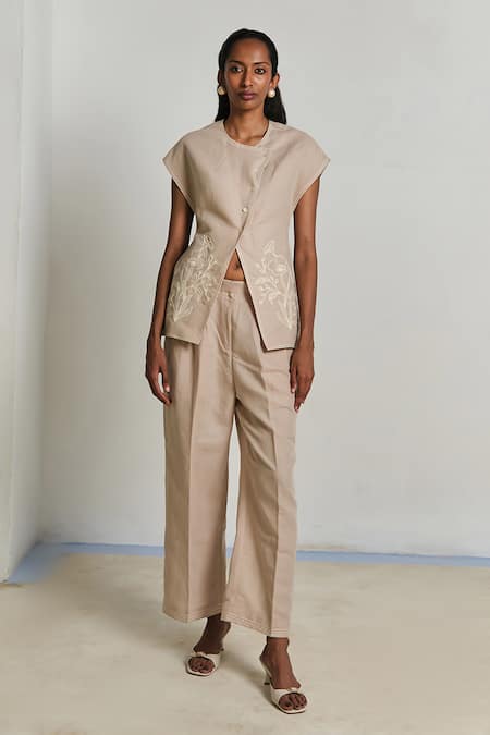 Shimona_Beige Linen Embroidery Round Neck Top And Pant Set _Online_at_Aza_Fashions