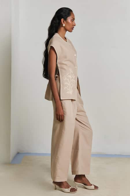 Buy_Shimona_Beige Linen Embroidery Round Neck Top And Pant Set _Online_at_Aza_Fashions