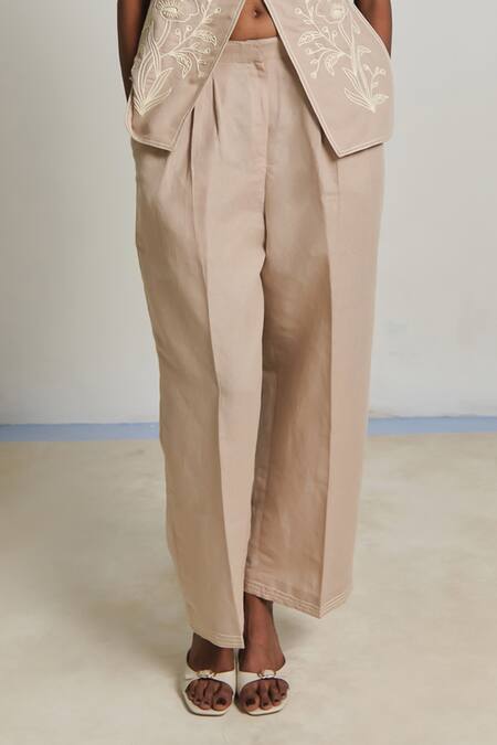 Shop_Shimona_Beige Linen Embroidery Round Neck Top And Pant Set _Online_at_Aza_Fashions