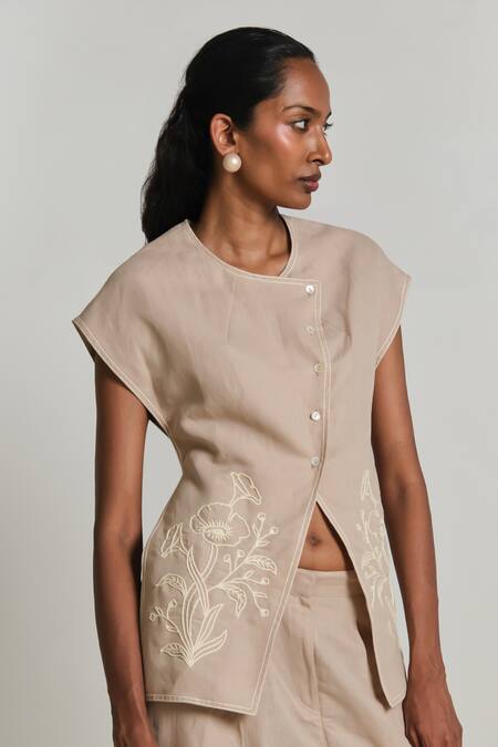 Shimona_Beige Linen Embroidery Round Neck Top And Pant Set _at_Aza_Fashions