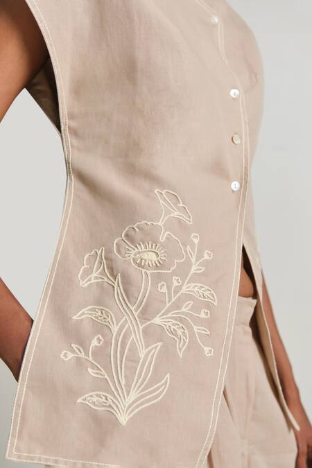 Buy_Shimona_Beige Linen Embroidery Round Neck Top And Pant Set 