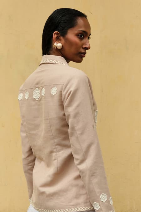 Shimona_Beige Linen Embroidery Collared Shirt _Online_at_Aza_Fashions