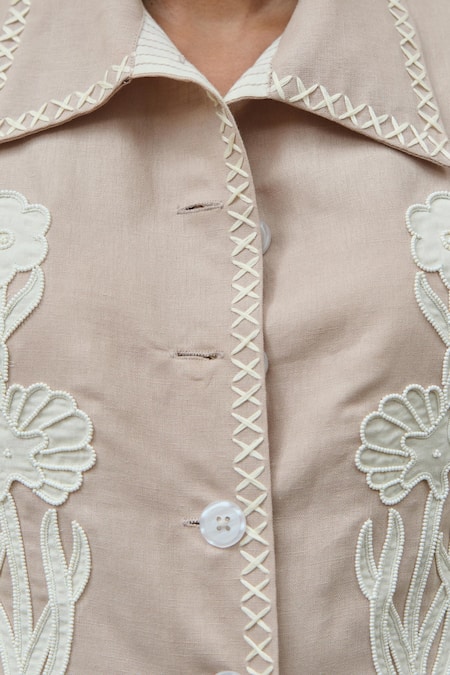 Buy_Shimona_Beige Linen Embroidery Collared Shirt _Online_at_Aza_Fashions