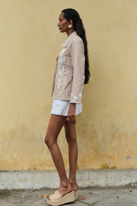 Shop_Shimona_Beige Linen Embroidery Collared Shirt _Online_at_Aza_Fashions