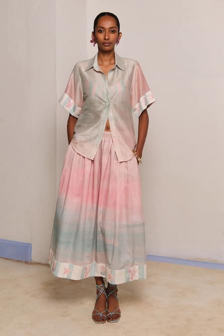Shimona_Pink Cotton Satin Ocean Mist Skirt _Online_at_Aza_Fashions