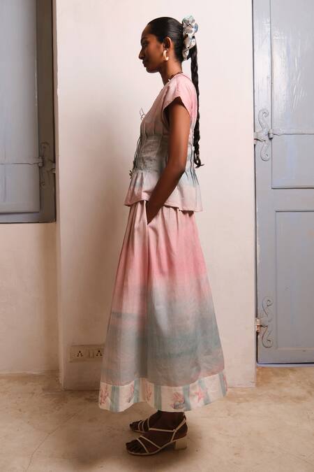 Shimona_Pink Cotton Satin Ocean Mist Skirt _at_Aza_Fashions