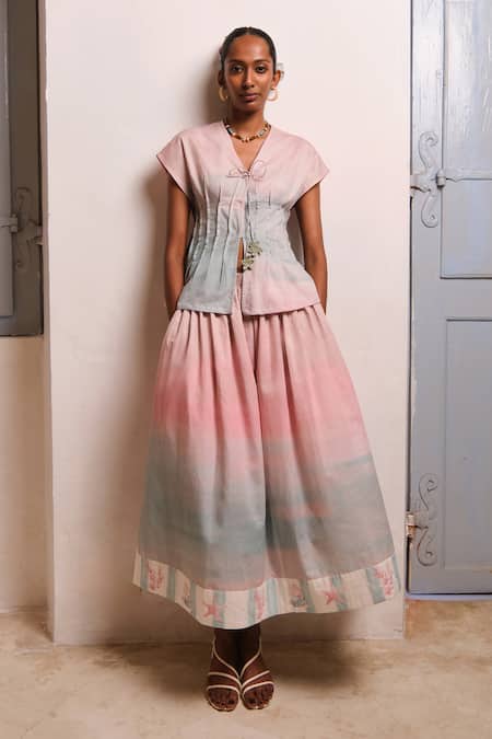 Shimona Pink Cotton Satin V-neck Ocean Mist Tie Up Top