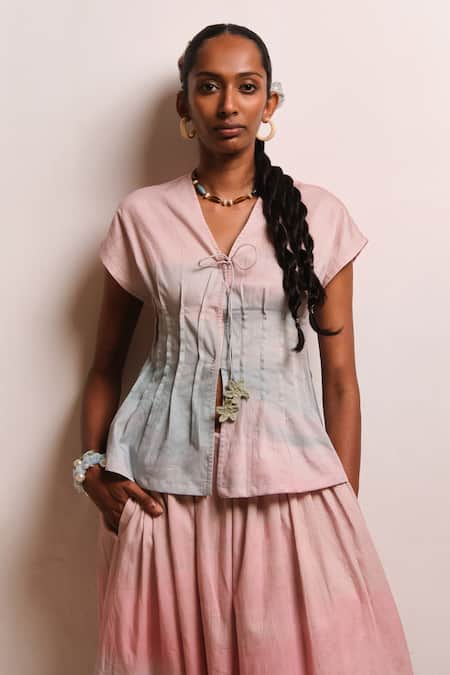 Buy_Shimona_Pink Cotton Satin V-neck Ocean Mist Tie Up Top _Online_at_Aza_Fashions