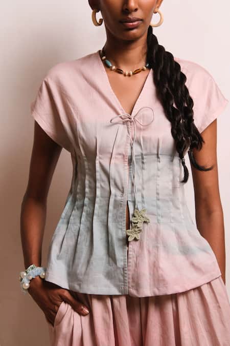 Shop_Shimona_Pink Cotton Satin V-neck Ocean Mist Tie Up Top _Online_at_Aza_Fashions