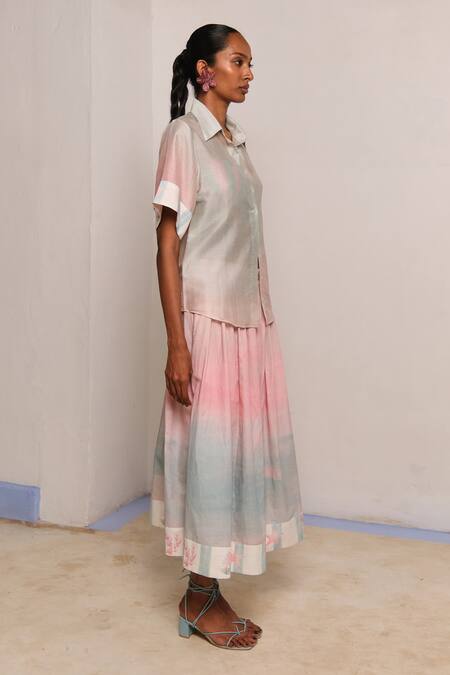 Shimona_Pink Chanderi Silk Collared Ocean Mist Shirt _Online_at_Aza_Fashions